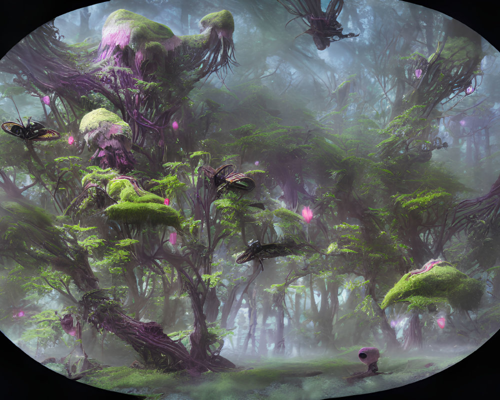 Enigmatic foggy forest with pink and green flora and oversized insects