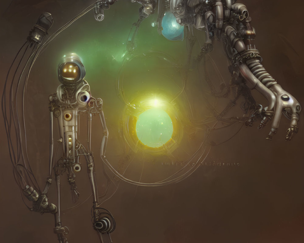 Intricate futuristic robot designs with glowing orb in mysterious setting