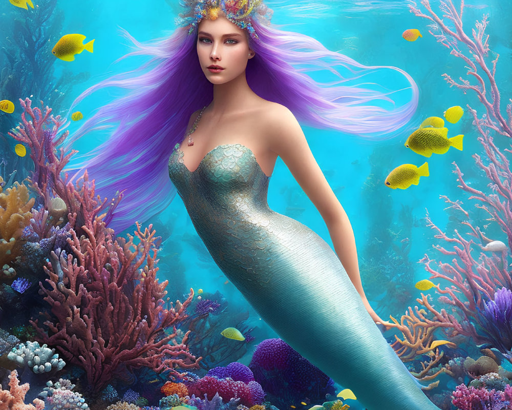 Purple-haired mermaid with green tail surrounded by colorful coral and yellow fish