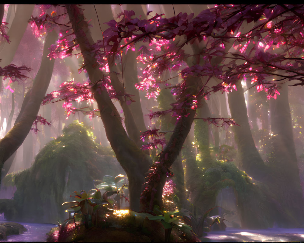 Purple Forest with Radiant Light Beams and Serene Stream