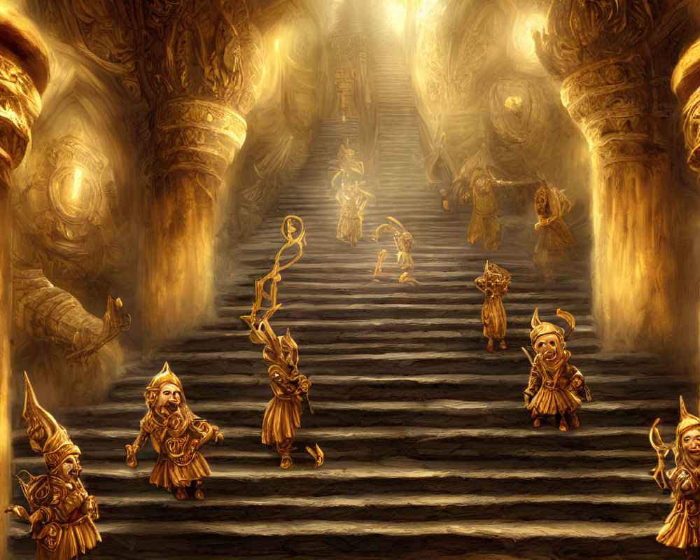Golden staircase with ornate pillars, vibrant characters dancing in warm light