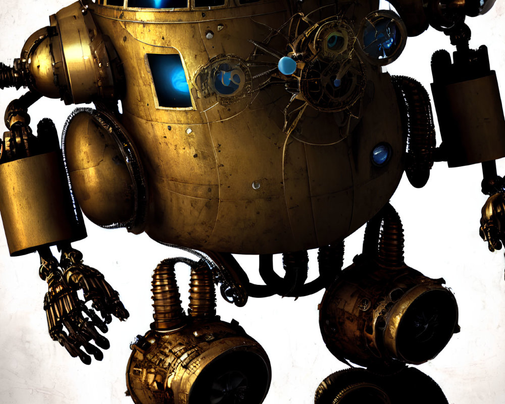 Detailed Illustration of Bronze-Toned Bulky Robot with Complex Arm Mechanisms