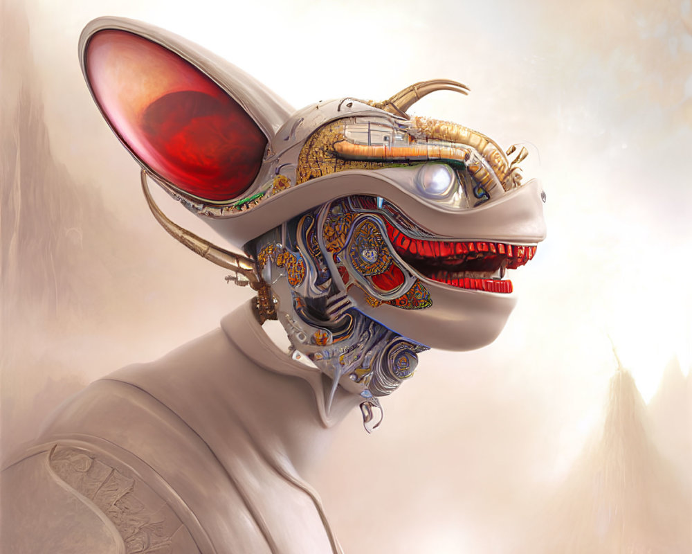 Surreal portrait featuring creature with intricate mechanical details