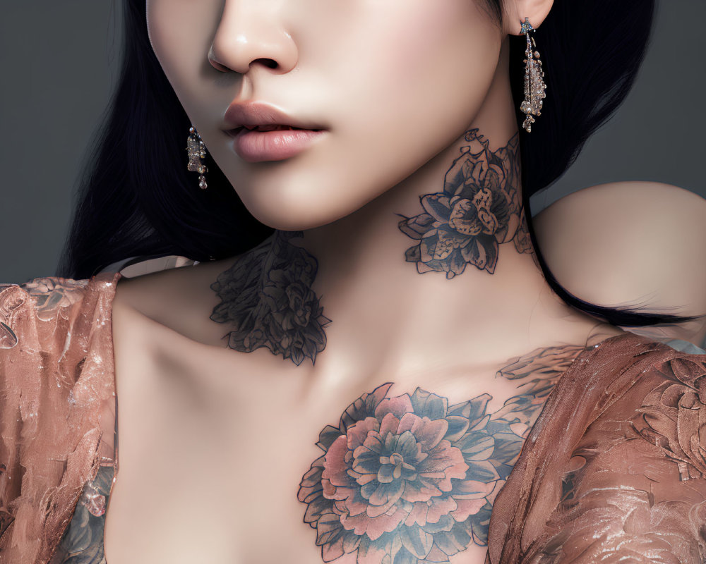 Person with Elegant Floral Neck and Chest Tattoos in Sparkly Earrings and Sheer Garment