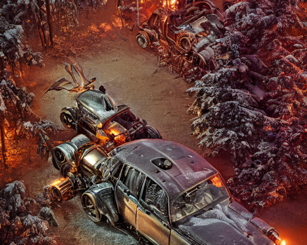 Customized post-apocalyptic vehicles in snow-covered forest