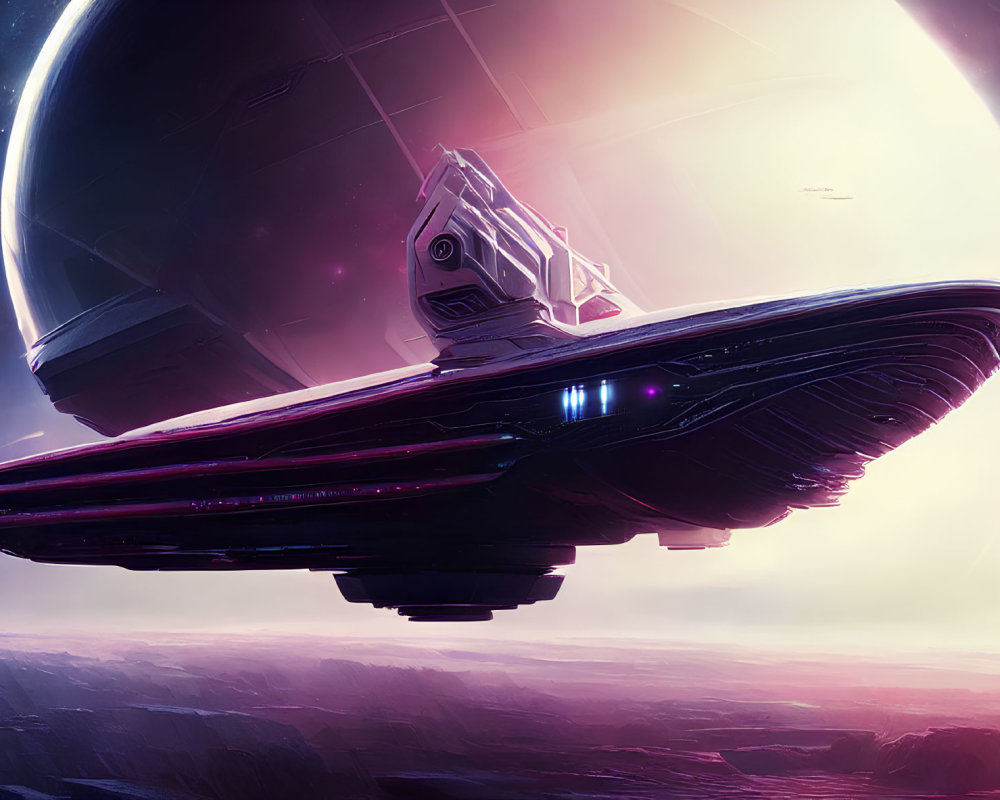 Futuristic spaceship over barren landscape with large planet and pink sky