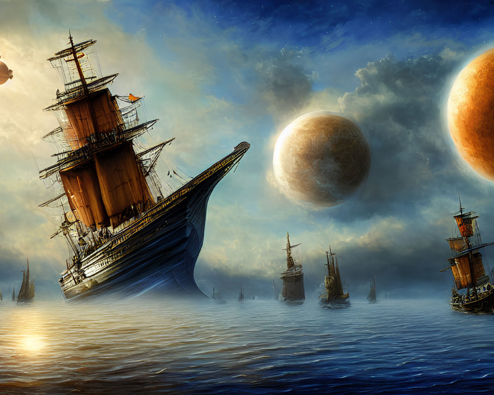 Sailing ships on misty sea with celestial bodies and airship