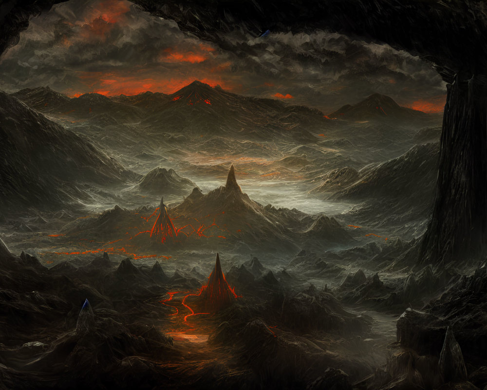 Volcanic landscape with lava flows and red-tinted sky viewed from cave opening