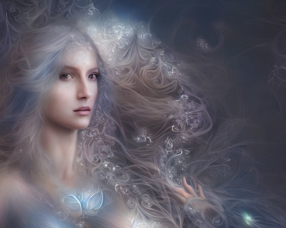 Pale-skinned woman with silver hair in mystical setting