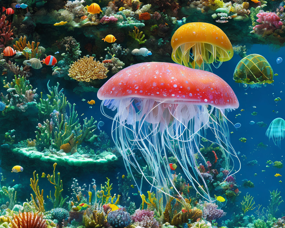 Colorful Underwater Scene with Vibrant Corals and Jellyfish