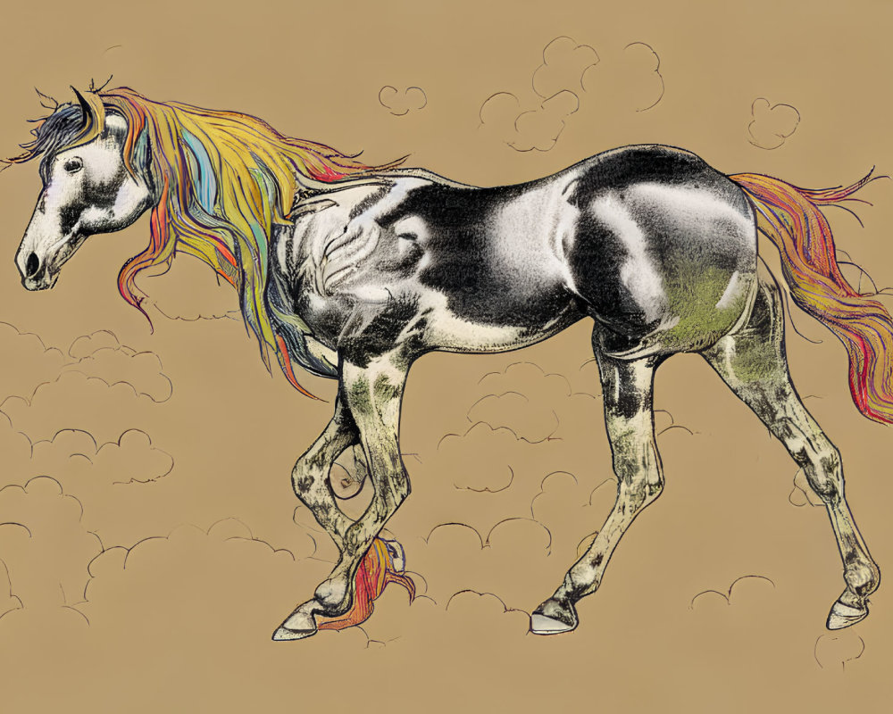 Monochrome horse with colorful mane trotting on beige background