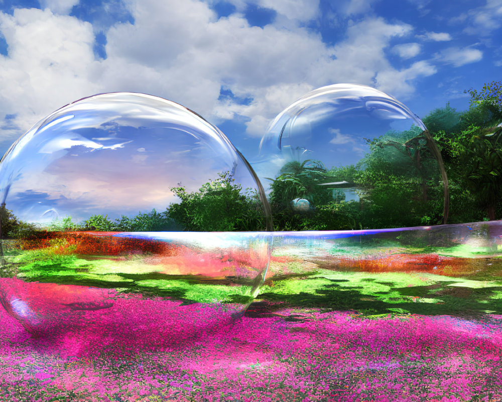 Transparent bubbles on vibrant pink flowerbed under blue sky with fluffy clouds.