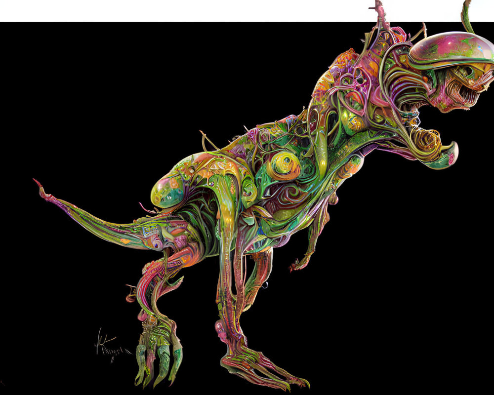 Colorful Alien Creature with Elongated Limbs and Horn on Black Background