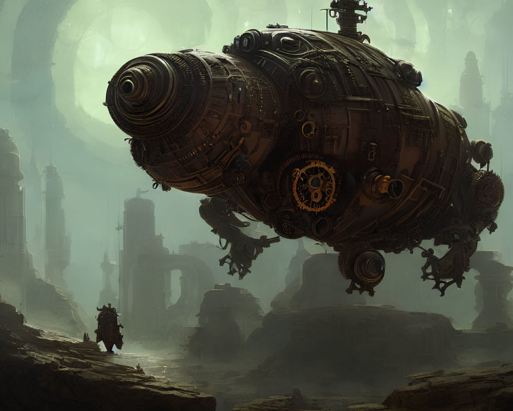 Steampunk airship over ruins with giant moon in background
