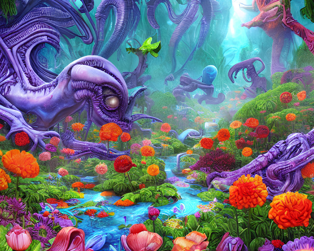 Colorful Underwater Scene with Fantastical Flora and Fauna