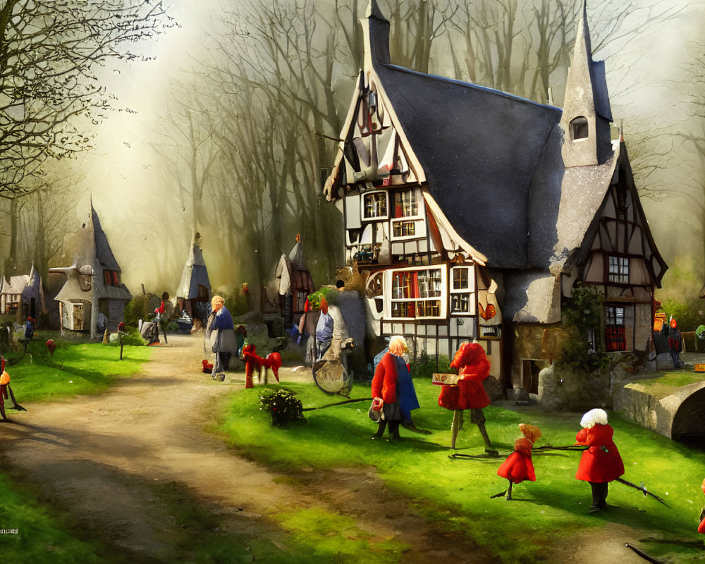 Whimsical village scene with storybook cottages and serene stream