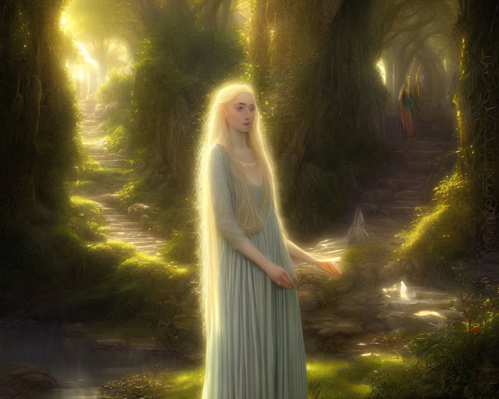 Ethereal woman in flowing dress in enchanted forest with mystical archway and figures.