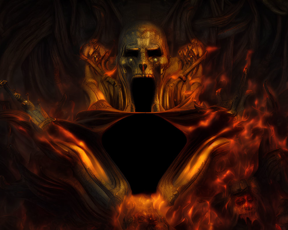Digital Artwork: Large Skull Surrounded by Flames and Shadowy Figures