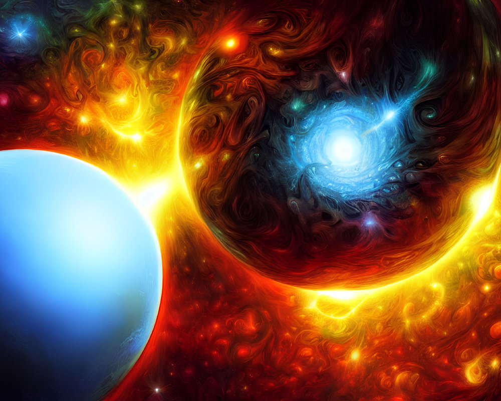 Colorful cosmic scene with blue planet, fiery sun, and swirling galaxy against red and blue nebula