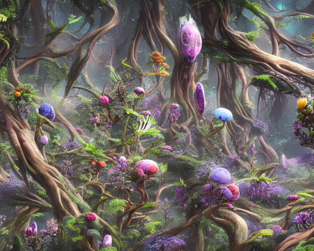 Mystical forest with twisted trees and glowing flora
