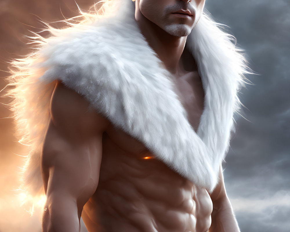 Muscular figure in white fur cloak against stormy sky background