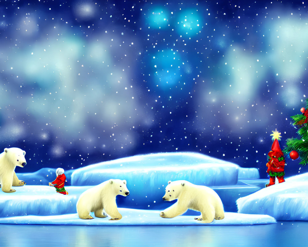 Polar bears on icebergs with Christmas tree under starry sky
