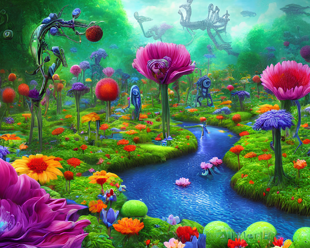 Colorful Fantasy Landscape with Stream, Flowers, Mushrooms, and Alien Creatures