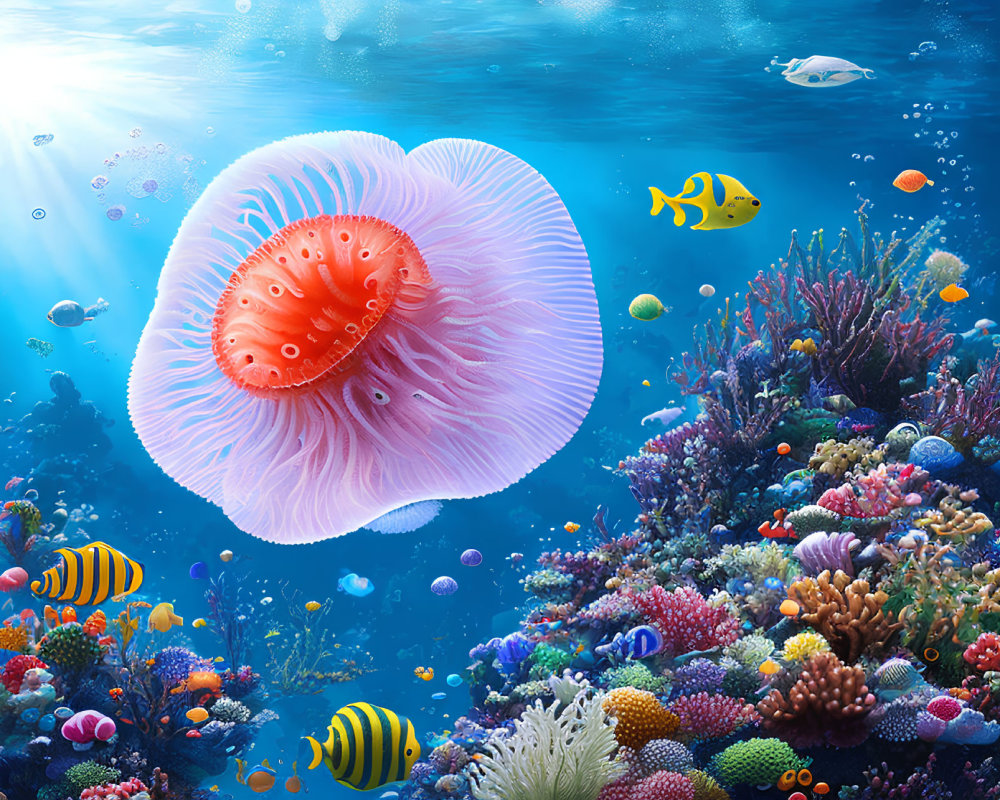 Colorful Underwater Scene with Pink Jellyfish and Coral Reef