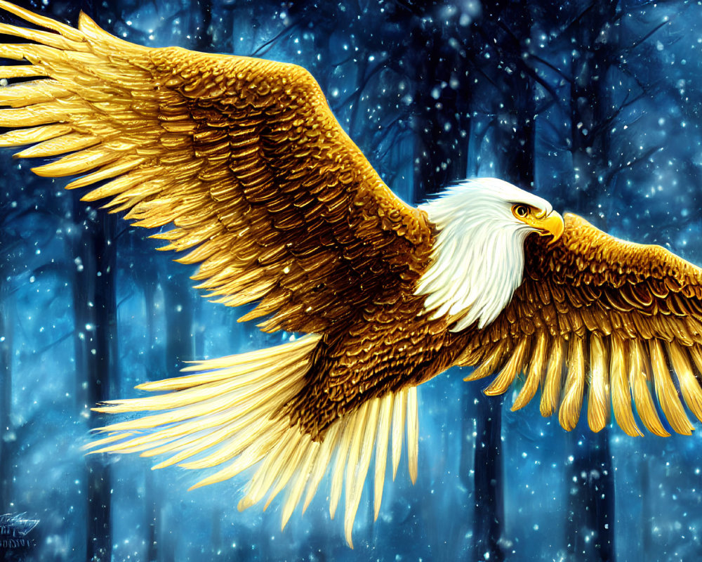 Detailed Illustration of Majestic Bald Eagle in Flight with Golden Feathers on Snowy Night Sky