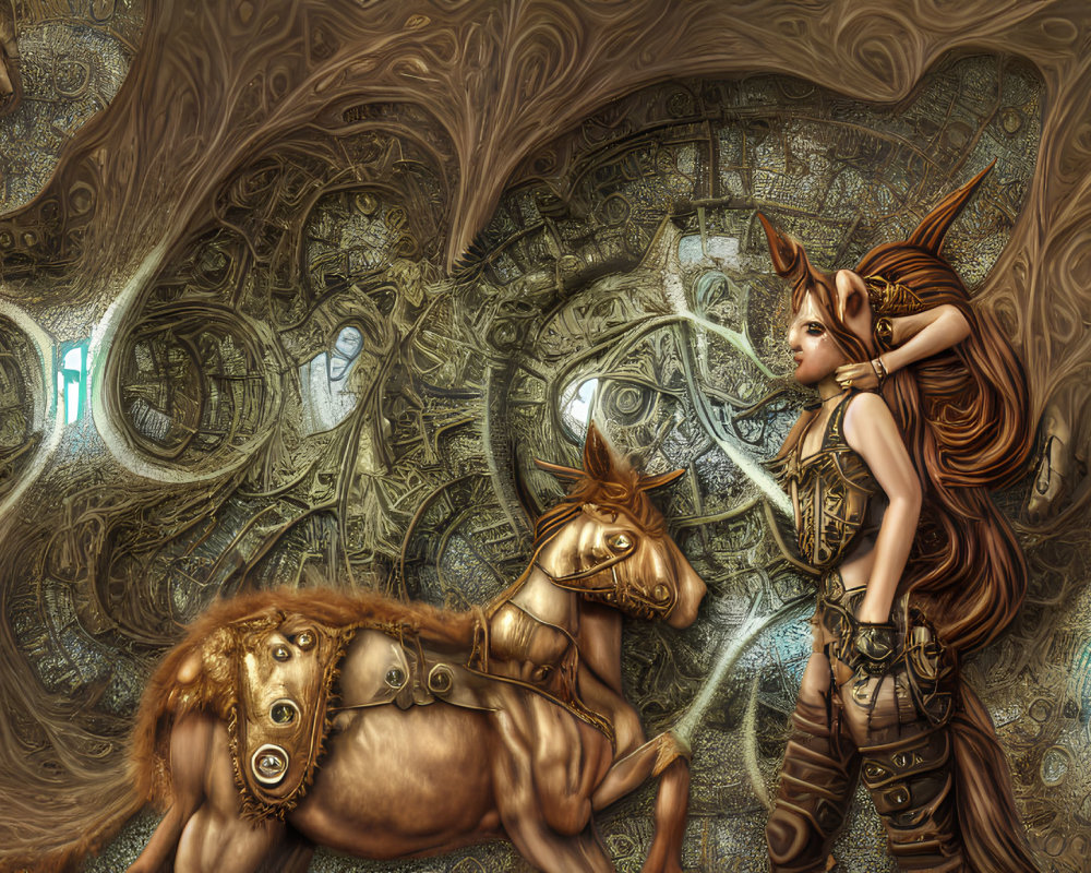 Fantasy digital art of female elf in steampunk attire on mechanical horse