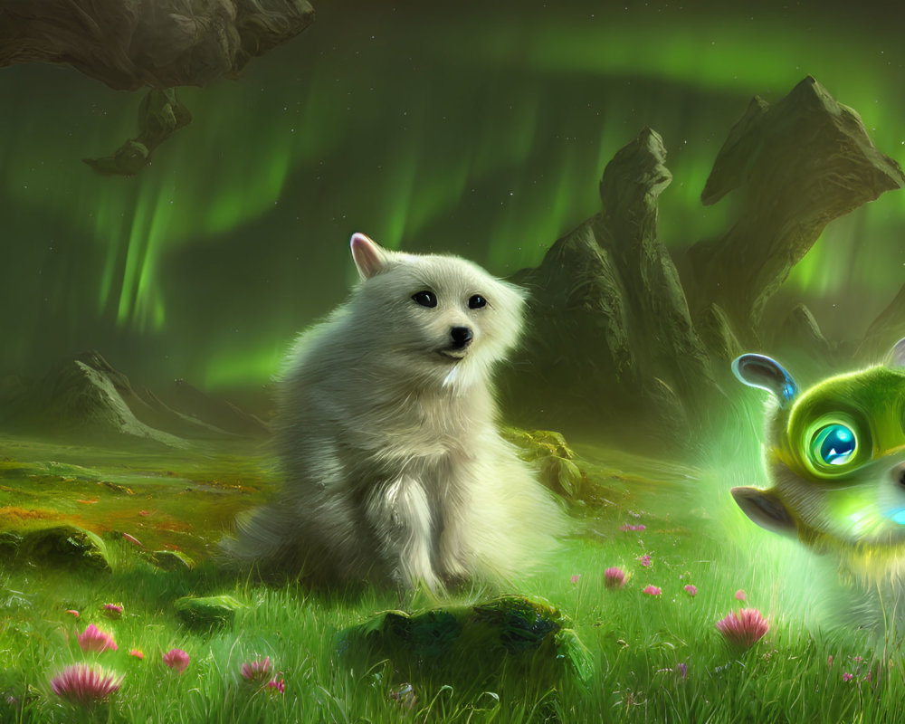 White Dog and Green-Eyed Creature on Mossy Landscape under Aurora-lit Sky