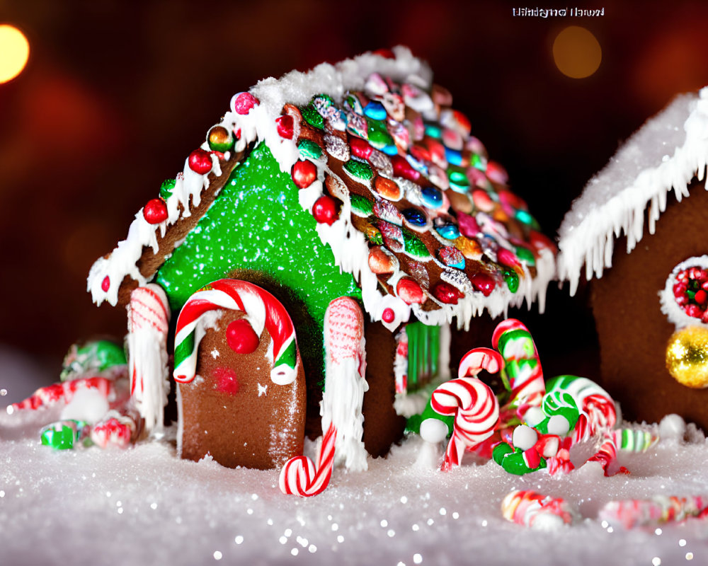 Colorful Candy Gingerbread House with Frosting and Lights