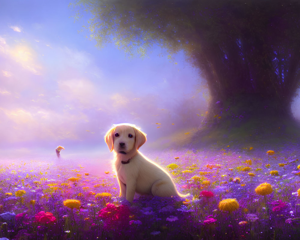 Yellow Labrador Puppy in Colorful Flower Field with Purple Background