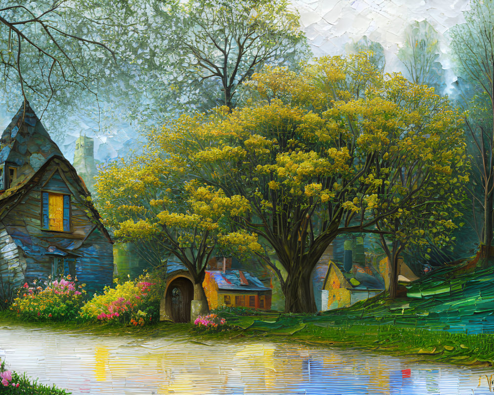 Scenic painting of stone house by serene lake