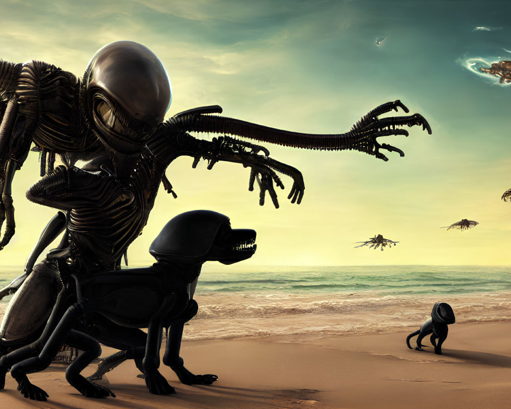 Alien creatures resembling Xenomorphs on a beach with hovering spaceships