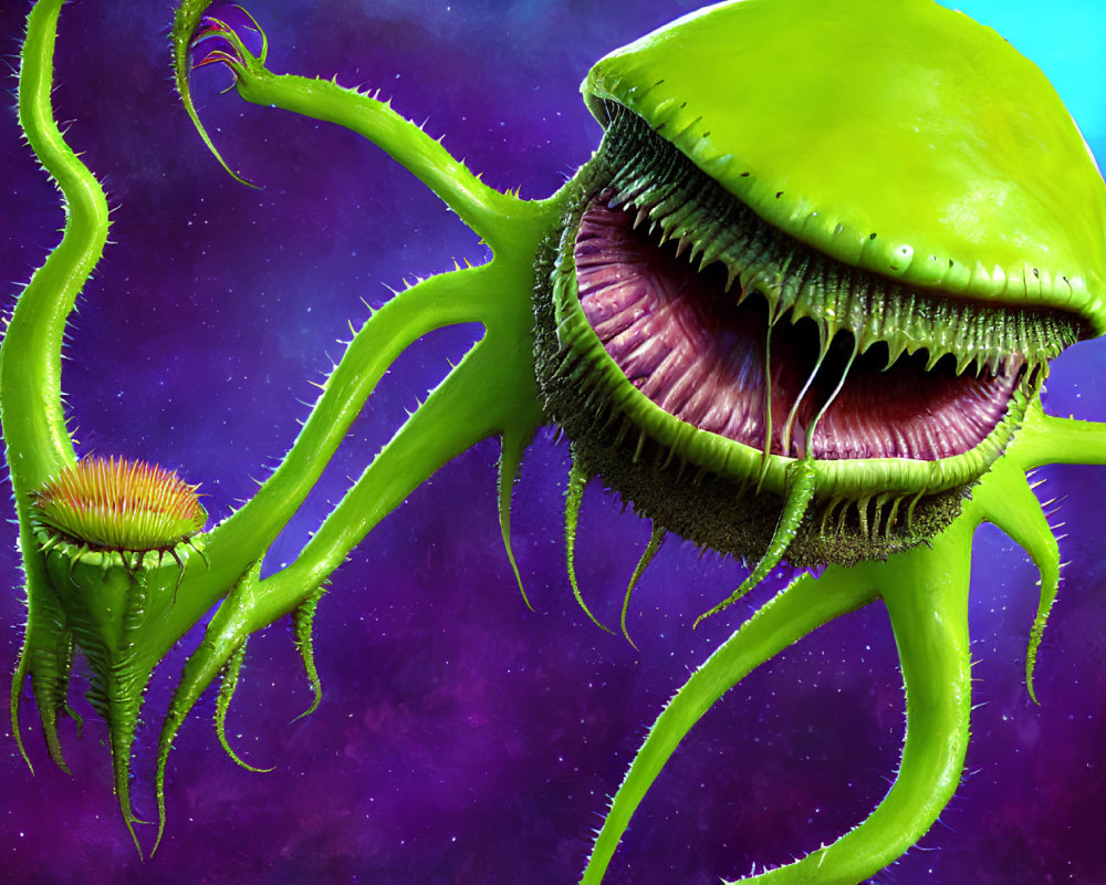 Large Green Carnivorous Plant with Tentacle-Like Stems and Sharp Teeth on Purple Nebulous