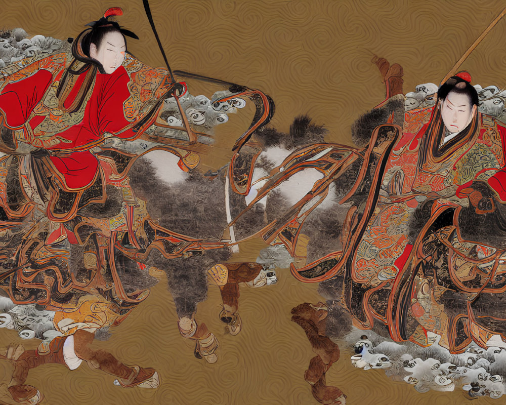 Japanese Artwork: Two Samurai Warriors in Red Armor Battling