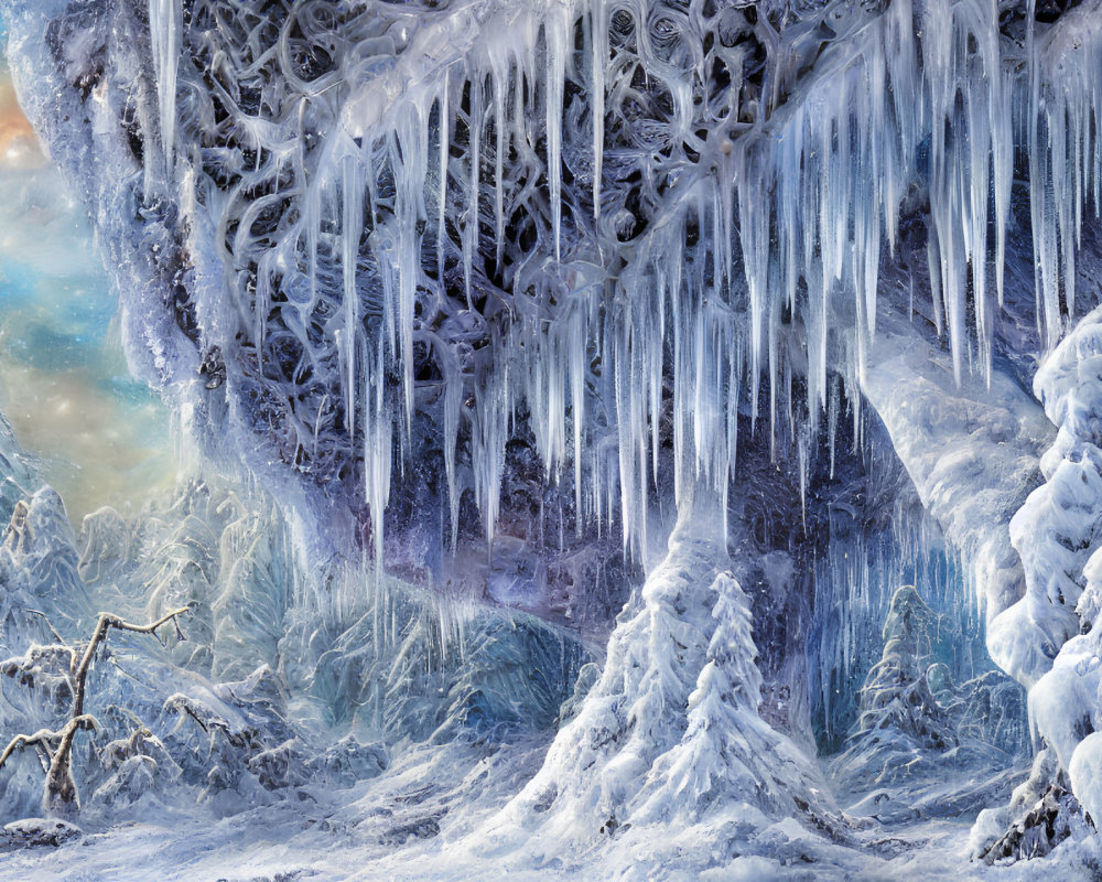 Winter Cave Entrance with Icy Stalactites and Snowy Trees