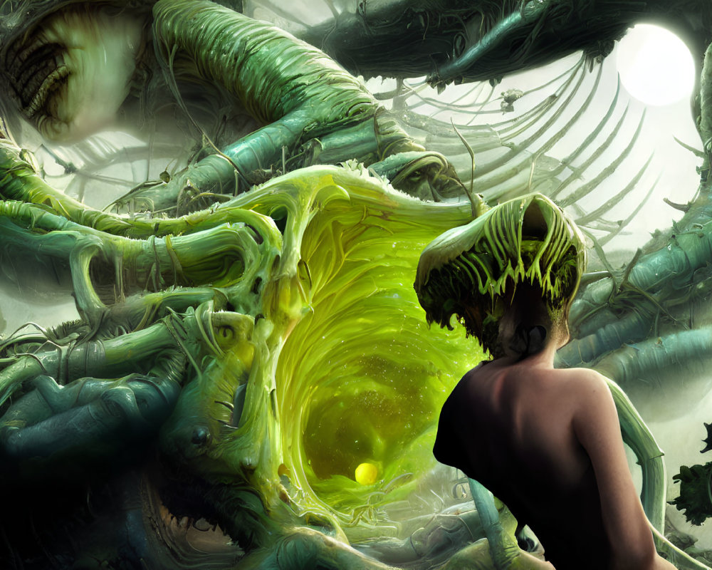 Surreal landscape with green tendrils and bone-like structures