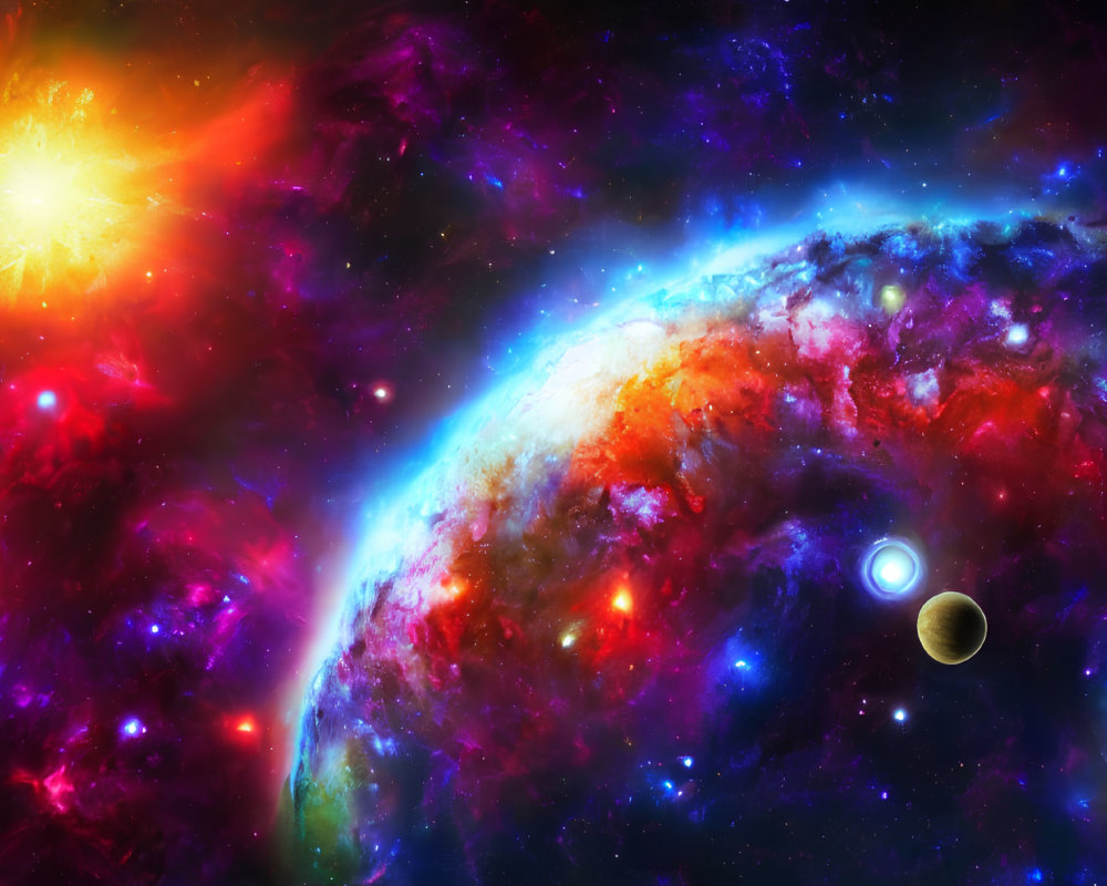 Colorful cosmic scene featuring star, nebulae, galaxy, and planets