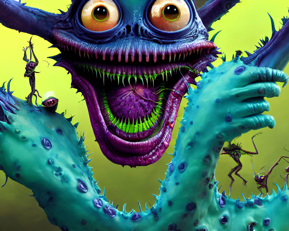Colorful animated monster with multiple eyes, tentacles, and tiny creatures on green background