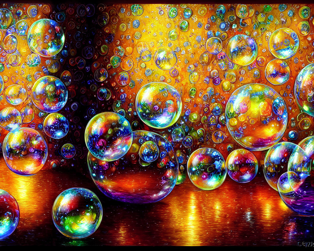 Colorful soap bubbles with reflections on dark background