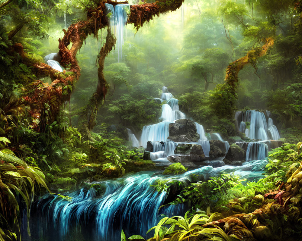 Tranquil forest waterfall with lush greenery & misty rocks