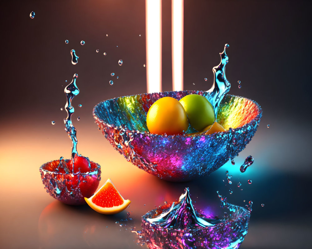Vibrant fruit bowls with splashing water and oranges under light