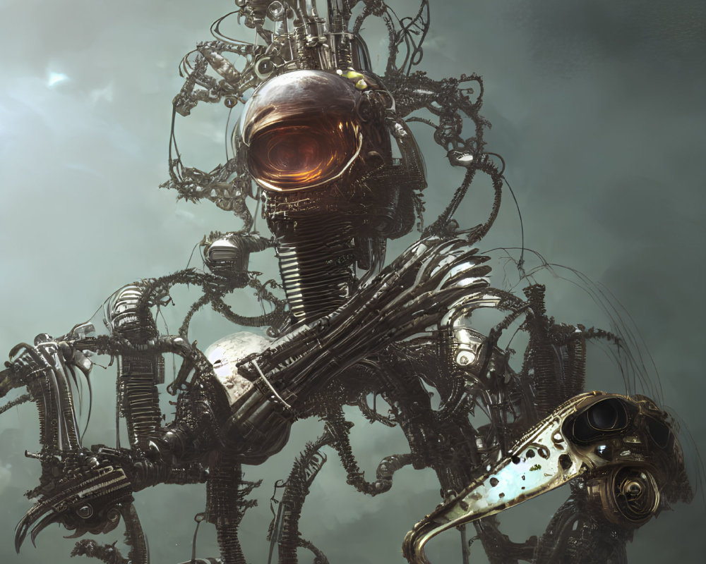 Intricate mechanical creature with glowing eye and metallic exoskeleton