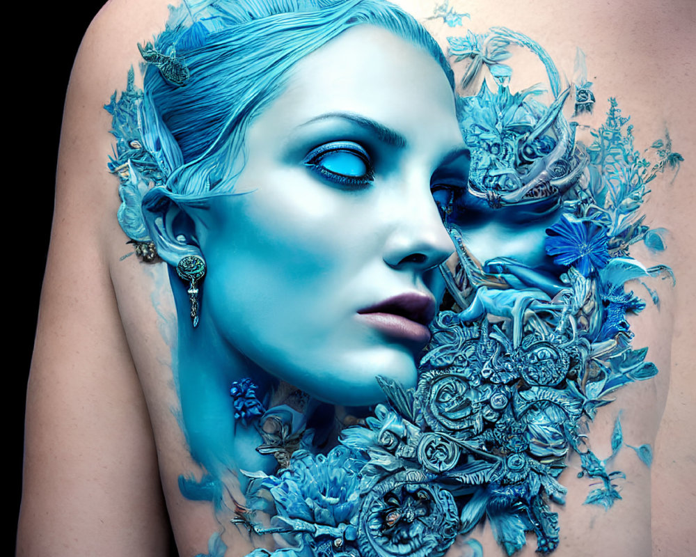 Intricate Blue Floral and Mechanical Body Art on Face and Shoulder