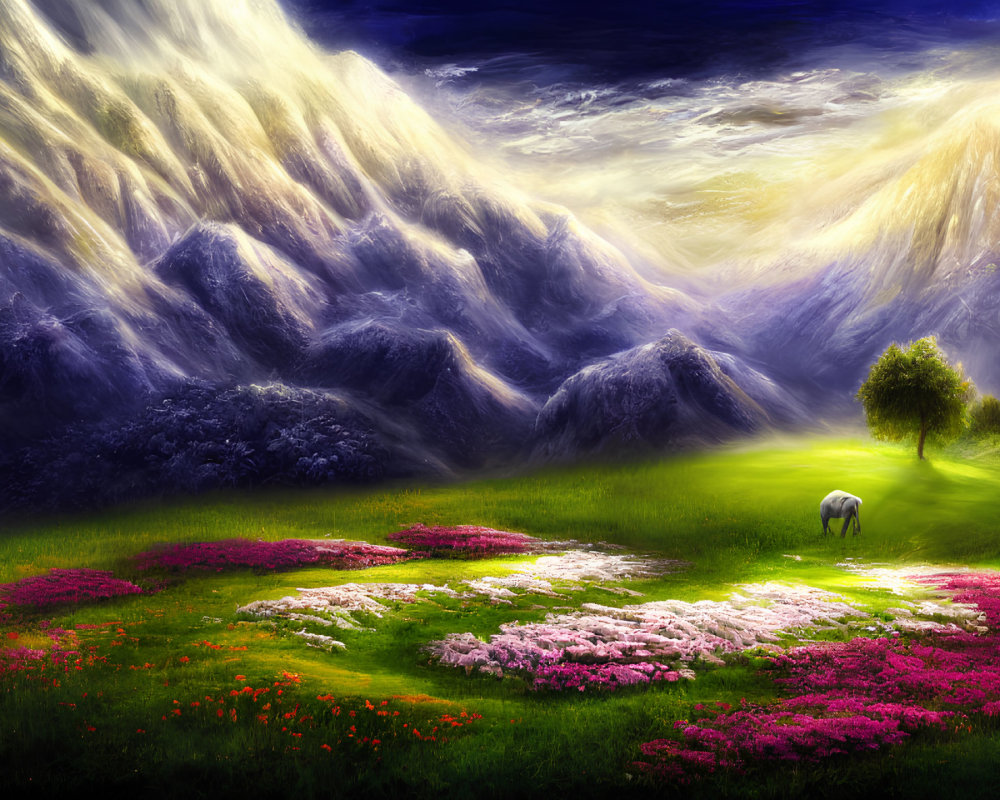 Colorful landscape with snow-capped mountains, green field, flowers, and grazing horse.