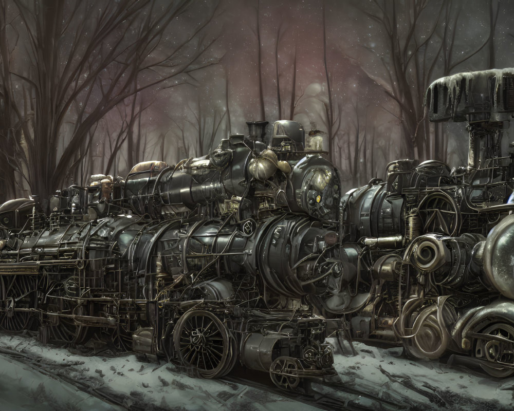 Detailed Steampunk Train in Snowy Forest Setting