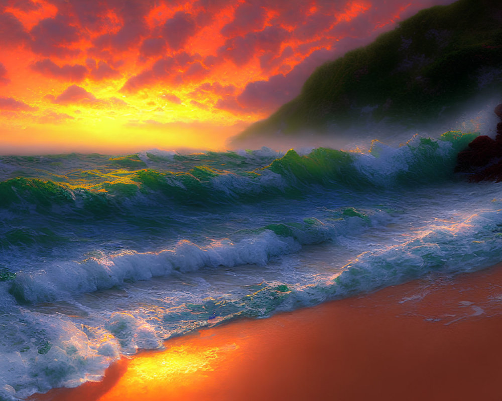 Fiery sunset over green waves on sandy beach