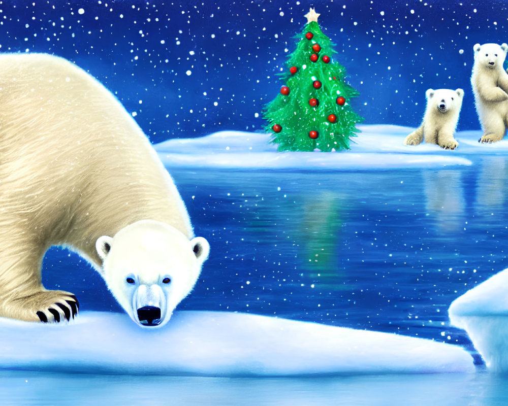 Polar Bear Cub and Parent in Snowy Landscape with Christmas Tree